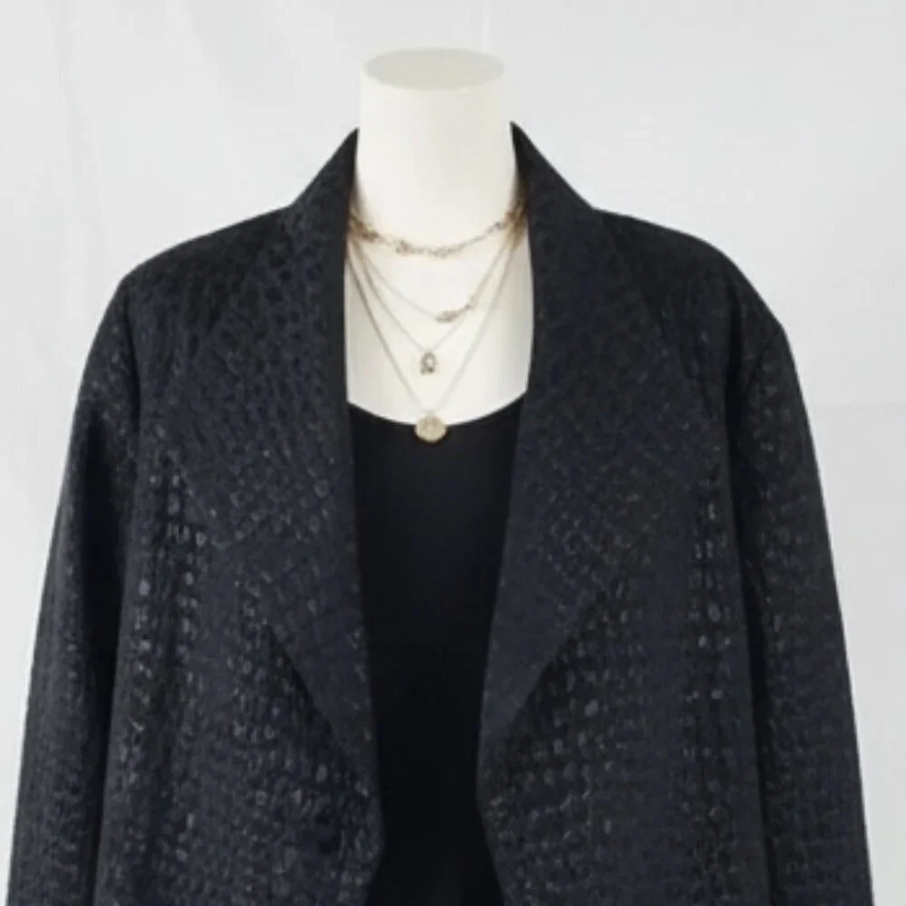 NWOT Chico's Black Shimmer Snakeskin Print Open Front Shawl Collar Jacket L 12